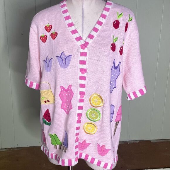 Quacker Factory Summer Days Strawberries Cherry Ice Cream Cardigan L - Picture 1 of 8